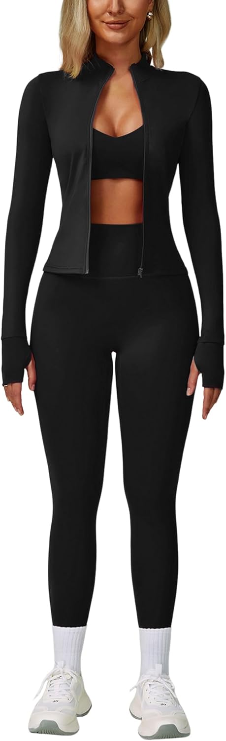 ABOCIW 3 Piece Workout Sets for Women Zipper Long Sleeve Jacket Racerback Sports Bra High Waist Leggings Yoga Gym Sets