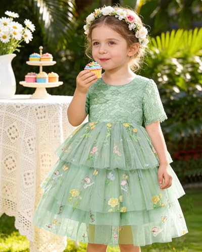 Coedody Toddler Flower Girl Dress 2-8Y Embroidered Lace Back V-Neck Tulle Dress for Party Wedding Tea Party — view 3