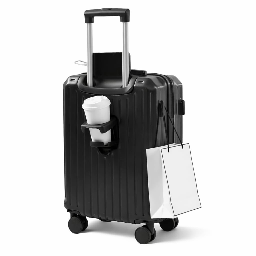 Maleta Cabina 55x38x23 cm Equipaje de Mano Rígido con Portavasos y Soporte para Móvil, Trolley de Viaje con 4 Ruedas Desmontables, Gancho para Bolsas y Doble Cerradura