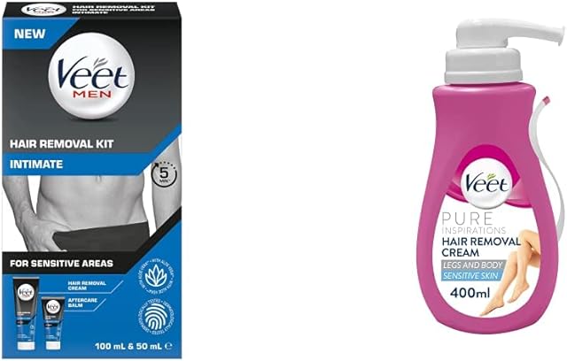 Veet Men Intimate Hair Removal Kit, with Hair Removal Cream and Aftercare Balm, 100 ml + 50 ml & Pure Inspirations Hair Removal Cream, Aloe Vera And Vitamin E For Sensitive Skin, 400 ml