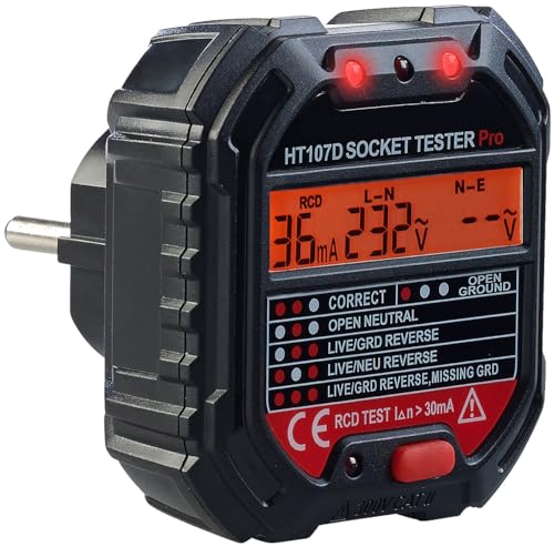 revolt Steckdosenprüfer: Steckdosentester mit Farb-Warn-Display, RCD-Test, Status-LEDs, 250 V (Fi Tester, Digitaler Steckdosentester, Multimeter)