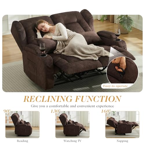 Image of Loveseat Recliner Sofa,RV Wall Hugger Recliners for Small Spaces,Reclining Loveseat Sofa Recliner with Cup Holders /Lumbar Pillows,RV Furniture (Velvet Brown, 56 inch 2-Seater)