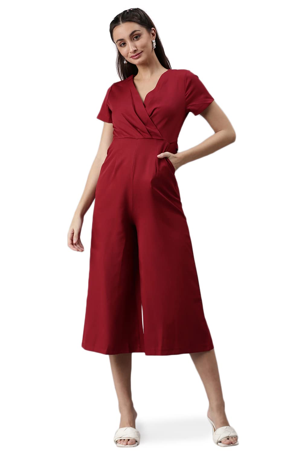 SHOWOFF Women's V-Neck Maroon Solid Jumpsuit-SH-6230_Maroon