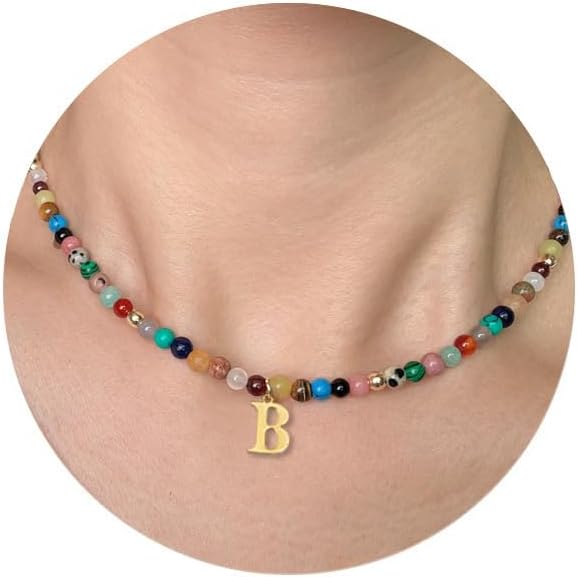 Initial Gemstone Necklaces for Women Girls, Colorful Beaded Boho Necklace Letter A-Z Bead Choker Necklace Y2K Natural Stone Handmade Gemstone Summer Beach Rainbow Necklace Jewelry Gifts