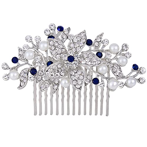 image for EVER FAITH Wedding Hair Comb Blue Crystal Simulated Pearl Flower Leaf 