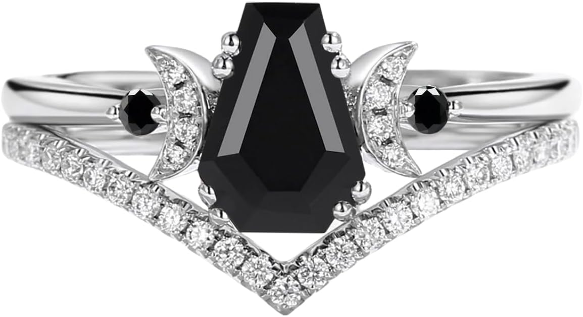 1 Carat Coffin Shape Gemstone Rings Crescent Moon Engagement Ring Set S925 10K 14K 18K Gold Art Deco Unique Coffin Gemstone and Moissanite Wedding Promise Rings for Women Free Engraving 2Pcs