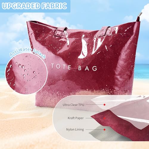 Image of KALIDI PVC Zipper Tote Bag, Jelly Kraft Paper Beach Bag Large Hobo Carry All Travel Shopping Handbag Plastic Shoulder Bag