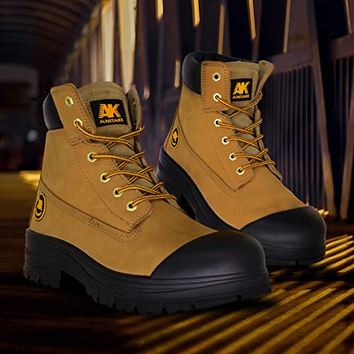 Anitake Steel Toe Boots For Men, Work Boots For Men Non-Slip Impact Resistance Electrical Safety Insulation Construction Boots Breathable & Comfortable Mens Work Boots 6Inch 100% Leather #TOP7