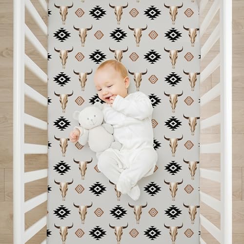 Image of 4 Pack Western Crib Set for Baby Boys, Soft Breathable Fitted Crib Sheet 28 x 52 in, Aztec Cowboy Nursery Decor for Standard Crib and Toddler Bed Mattresses