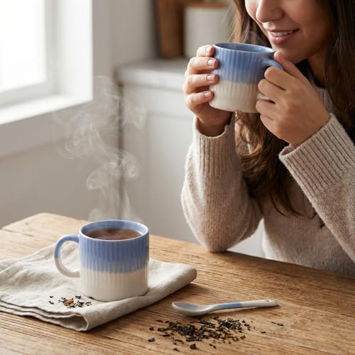 Image of The Earth Store Sky Blue Fringe Premium Ceramic Cup Set of 4 for Tea, 200 ML | Microwave and Dishwasher Safe Space Saver Tea Cup with Stand | Coffee Cups for Gifting, Home & Office Use, Every Occasion