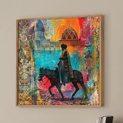 Image of Royal Horse Rider Framed Canvas Wall Art Painting for Living Room | Colorful Ethnic Abstract Horse Painting with Frame | Vintage Cultural Wall Decor for Home & Office, 23x23 Inch
