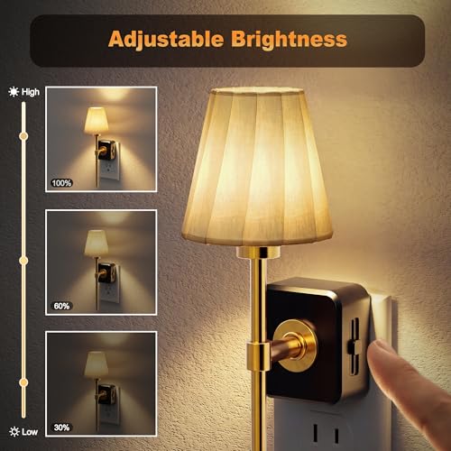 Image of JandCase Night Lights Plug into Wall, Vintage Nightlight with Dusk to Dawn Sensor, 0-100LM Dimmable, Pleated Fabric Beige Lamp for Living Room Bedroom Hallway