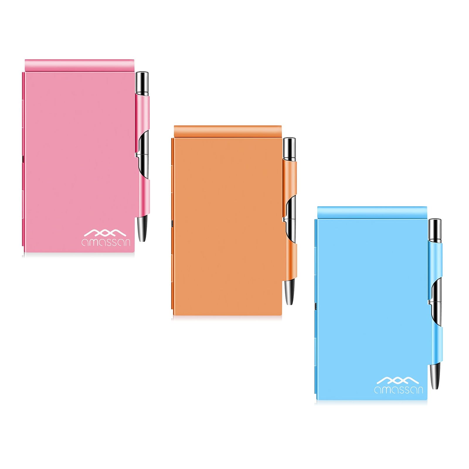 amassan Metal Small Notebook, Mini Notepad, Small Pocket Notepad Aluminum Note Case with Mini Metal Pen and 60-Page Sheets - Memo Books Note Pads (Pink, Orange, Blue)