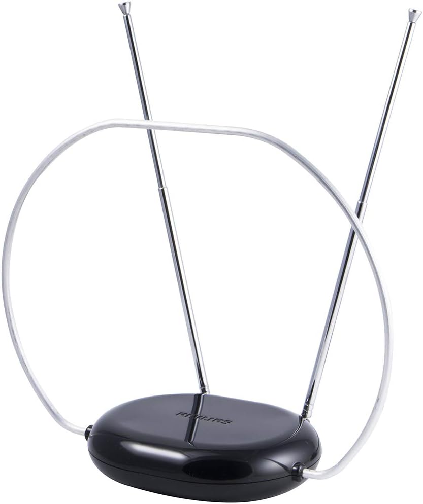 Philips Rabbit Ears Indoor TV Antenna, Dipoles and Circular Loop, Tabletop Antenna, Digital, Smart TV Compatible, HDTV Antenna, 4K 1080P VHF UHF, 152.4 cm Coaxial Cable, Black, SDV8201B/27