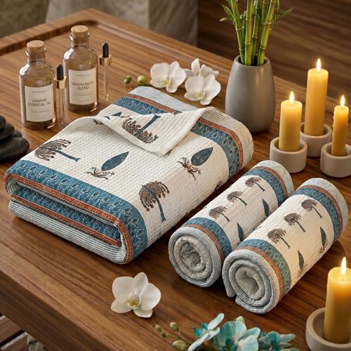 Image of Mafatlal Madhuban Soft Cotton Bath & Hand Set (1 Bath 147x76 cm + 2 Hand 76x38 cm) | 250 GSM | Absorbent, Floral Hand Print | Lagoon