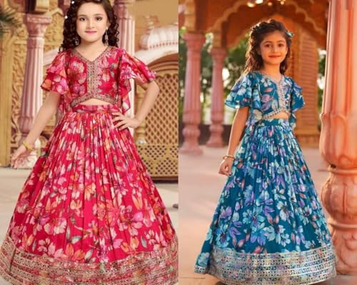 Girls Floral Lehenga Choli Set, Butterfly Print, Flutter Sleeves with Sequin Border Party Wear girls Dress2