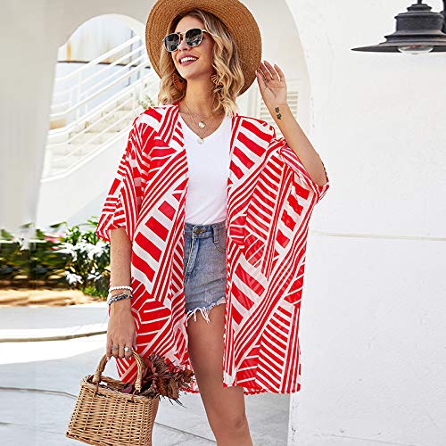 Imprimir Cardigan, Andoer Moda feminina verão listrado estampa cardigã manga curta fina casual boêmi