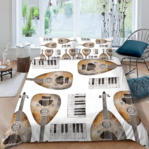 MOXINO 3D Guitare Housse de Couette 140x200cm 1 Personne avec Fermeture Éclair 100% Microfibre Parure Doux Musique Parure de Lit avec 2 Taie d'oreiller 65x65（Motif 86-4）