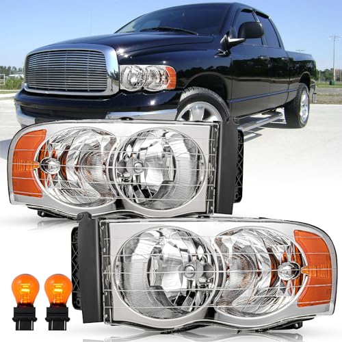 TUSDAR Headlight Assembly Fit for 02-05 Dodge Ram 1500 2500 3500 Pickup Replacement Halogen Headlamp Driver and Passenger Side Signal Light Bulb 4157NA Included