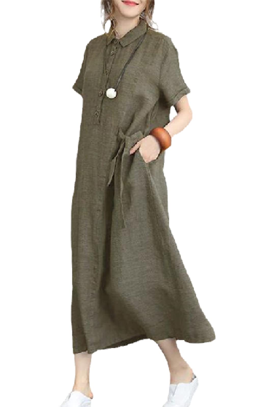Women Loose Dress Summer New Solid Color Linen Dress Lapel Short Sleeve Casual Dress