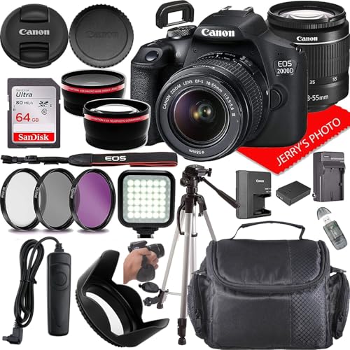 Canon EOS 2000D (Rebel T7) DSLR Camera w/Canon EF-S 18-55mm F/3.5-5.6 DC III Zoom Lens + Case + 64GB Memory (22pc Bundle) (Renewed)