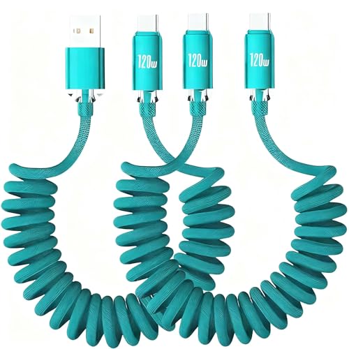 USB C Retractable Fast Charging Cable,Flexible Nylon Braided Coiled Data Cable,3A USB Spring Telescopic Quickly Charging Cords Suitable for Car Home Office (Green, 2Pack-USB + Type C) image 4