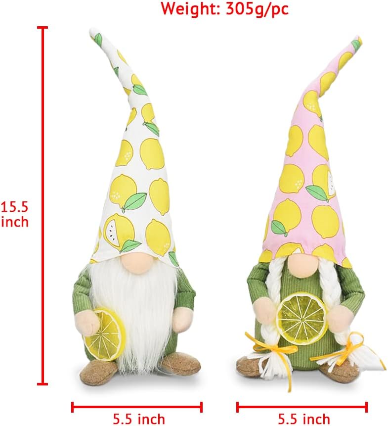 Exquisite Summer Gnomes Home Decoration Set of 2 Novelty Gnome Gifts - 15.5" Stuffed Gnome Plush Holding 3D Lemon Slices, Rustic Farmhouse Kitchen Tiered Tray Wedding Party Decor