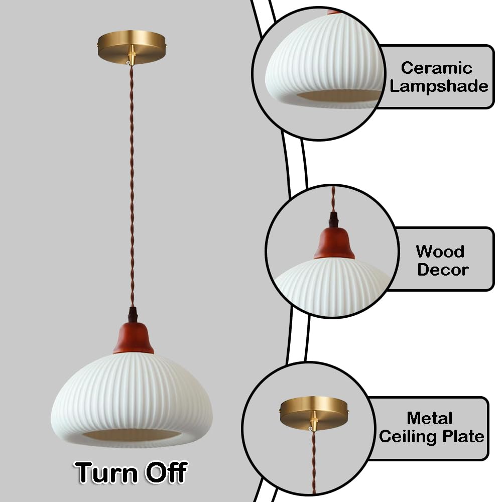 Lampada a sospensione in ceramica bianca a coste, lampada a moderna di metà secolo, lampadario a soffitto in legno rustico della fattoria, tavolo da pranzo for camera letto