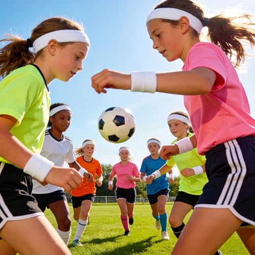 Image of Bememo 36 Pcs Neon Sweatbands Set for Kids 12 Headbands 24 Wristbands Bulk Sports Sweat Bands Athletic for Children Basketball Tennis Running Gym Student Gifts Glow Party