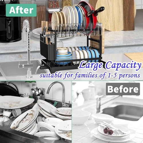 Image of ZENOVIA 2 Tier Stainless Steel Dish Drying Rack for Kitchen Counter | Drain Tray, Plate Stand, Cup Holder, Cutlery Holder