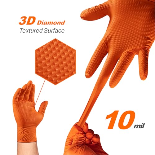 10mil Nitrile-Gloves Disposable-Orange Chemical-Resistant Rubber - Mechanic Gloves Heavy Duty Latex Free Diamond Grip (100, Large)