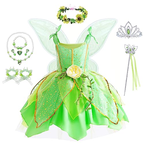 Flowers Fairy Costume Princess Dress Up Set for Girls Tinker Bell Toddler Clothes Halloween Cosplay Costume with Wing, Green (5-6T)