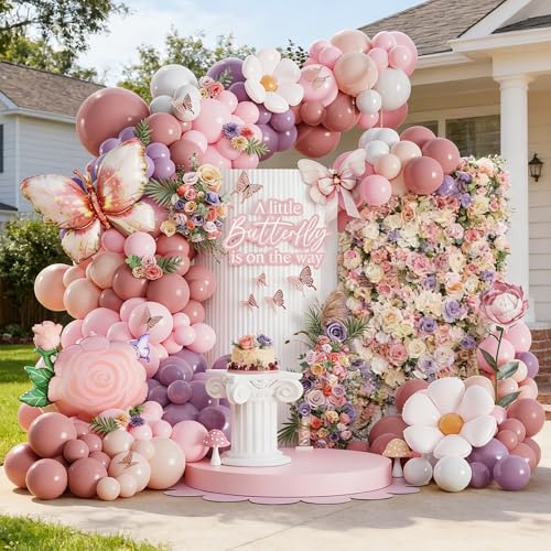 Image of Spring Butterfly Birthday Party Decorations, 154Pcs Daisy Flower Pink Purple Balloons Arch Garland Kit with Butterfly Foil Balloons for Baby Shower Garden Tea Party Wedding Supplies