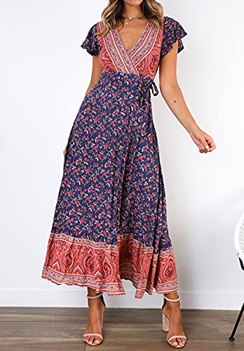 Image of R.Vivimos Women's Summer Short Sleeve Floral Print Bohemian Beach Waist Tie Wrap Long Flowy Dress with Slit
