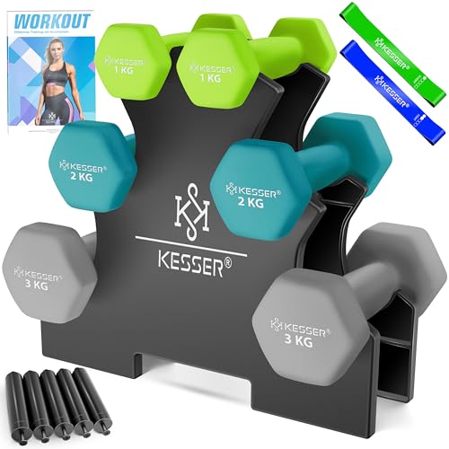 KESSER® Juego de mancuernas, 3 pares, 1 kg – 5 kg, 12 kg o 18 kg, con soporte, almacenamiento, gimnasio, entrenamiento de fuerza, juego de pesas de neopreno antideslizante, con cuaderno de ejercicios,