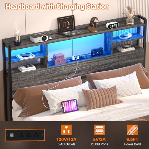 Image of Aheaplus Headboard for Full Size Bed with Storage and Outlets, Black Oak | Headboards with LED Light, Power Outlets, USB Ports Full Size Head Board, Wood headboard Only Sturdy and Stable Headboards