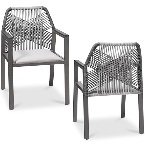 Best Choice Products Outdoor Dining Arm Chair Set of 2, Aluminum Frame with Armrest, All-Weather Woven Rope Chair Design - Charcoal/Graphite