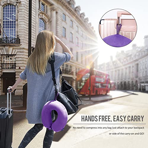 Image of Neck Pillow for Travel Memory Foam - Airplane Pillows for Sleeping with Attachable Snap Strap Soft Washable Cover, Flight Pillow for Traveling, Car, Home, Office, Provide Head Neck Support Rest Purple
