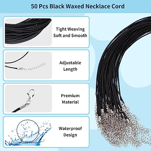 Prasacco 50 Stück Schwarze Halsketten Kordel, Schnur Dünn Schmuckband Karabinerverschluss Wasserdichte Geflochtene Lederhalskette für Damen für die Herstellung von Halsketten, Armbändern