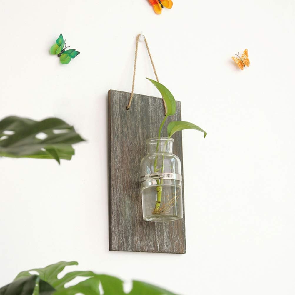 Yardwe Rustic Mason Jar Planter Wooden Art Hanging Hydroponic Pot Container for Home Living Room Kitchen Farmhouse Wall Decoration