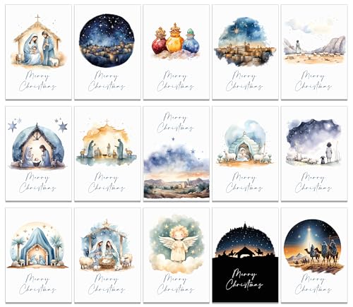 30 Religious Christmas Cards with 15 different designs and 30 Kraft Brown Envelopes made from Recycled Paper