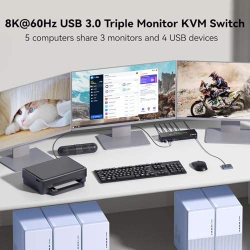 Image of KVM Switch 3 Monitors 5 Computers HDMI + DisplayPort, 8K@30Hz /4k@144Hz Three Monitor KVM Switcher, Triple Monitor KVM for 5 PC, Widely Used in Education, Scientific Research, and AI Office