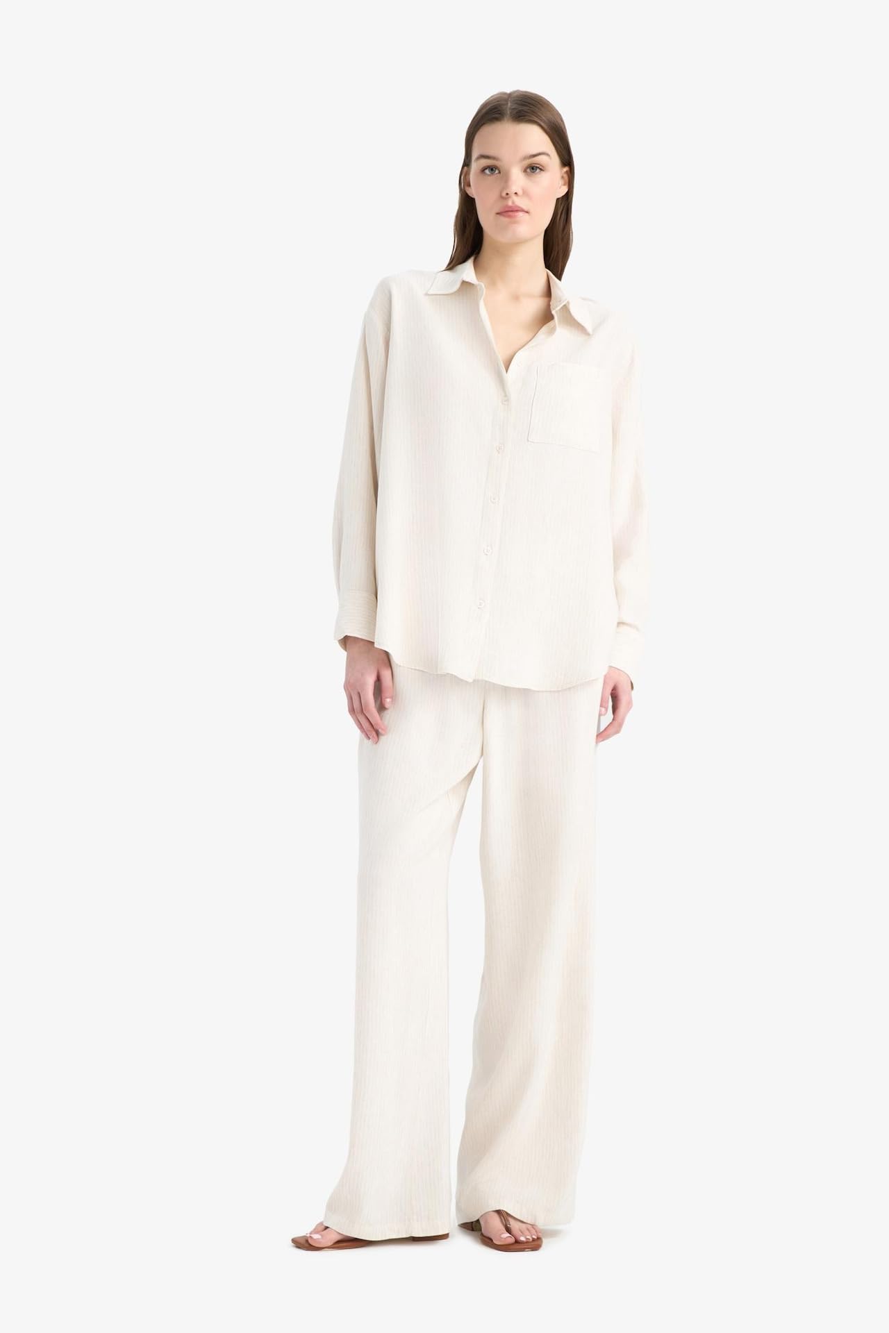 DeFacto Keten Karışımlı Pantolon Wide Leg Basic Çift Cepli Yüksek Bel Standart Boy C6021AX25SP