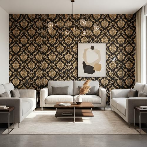 Image of Brown Golden Luxury Damask Wallpaper - Self Adhesive Peel and Stick Floral Wall Stickers, Waterproof PVC Vinyl Decorative Paper for Home, Bedroom, Living Room & Furniture (45cm x 300cm)