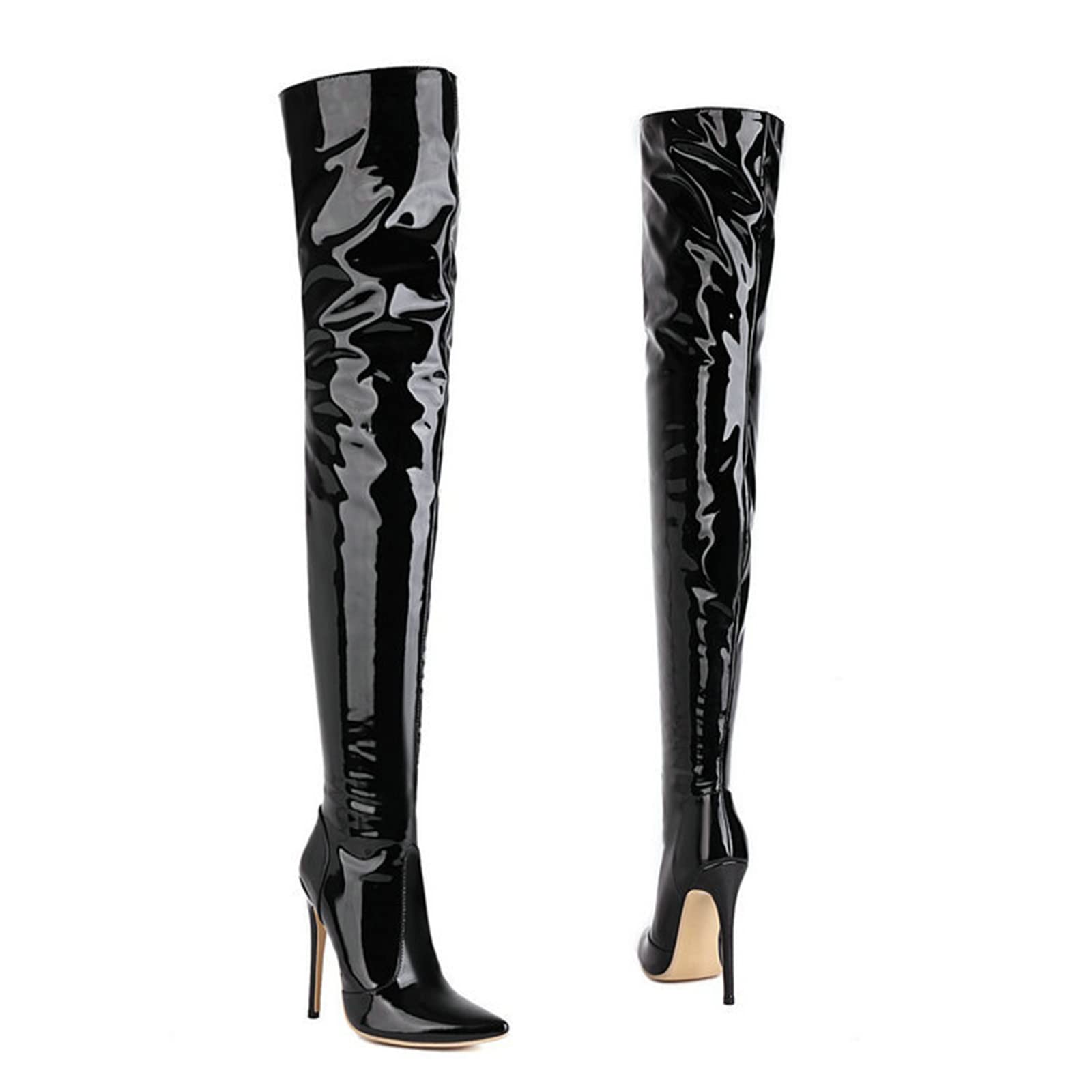 Bottes Au-Dessus du Genou Bottes en Cuir Verni Brillant Cuissardes Sexy Bottes De Pole Dance Bottes À Talons Aiguilles À Bout Pointu