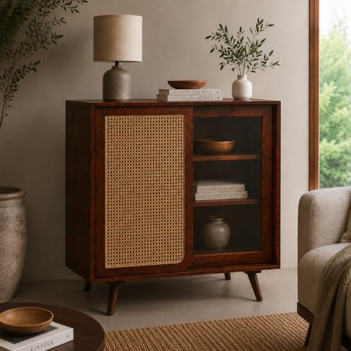 Image of The Attic INES Cabinet, Coffee Table for Living Room, Solid Wood Centre Table with Cane with Sliding Doors, Honey Matt Finish