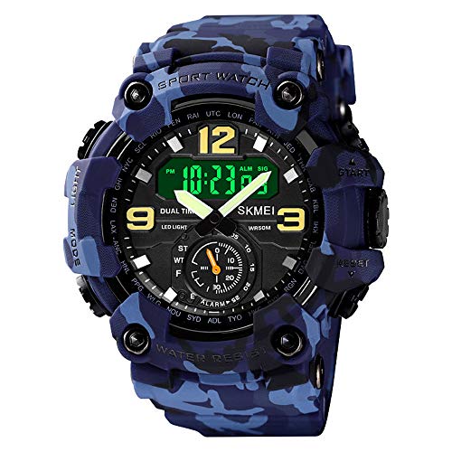 MASTOPMen's Analog Digital LED Sports Watch, 50M Waterproof Military Multifunction Casual Dual Display 12H/24H Stopwatch Calendar Outdoor Army Tactical Wrist Watch (Blue Camouflage)