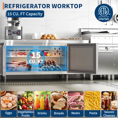 60-Inch 15 Cu.Ft Commercial Worktop Undercounter Refrigerator – Double Door Stainless Steel Food Prep Station for Restaurant/Bar/Cafe