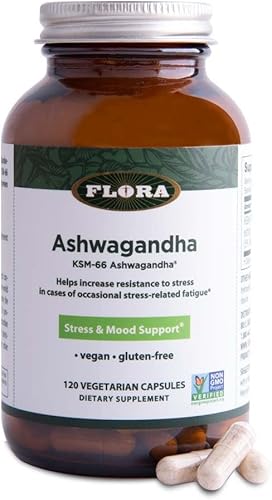 Flora Ashwagandha con Ashwagandha KSM-66, suplemento de hierbas  Apoyo al estrés y el estado de ánimo, enfoque, sueño saludable y apoyo energético,