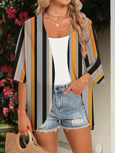 GKBK Women's Floral Print Puff Sleeve Kimono Cardigan Loose Cover Up Business Casual Blouse Tops Black Khaki Stripes M — view 2
